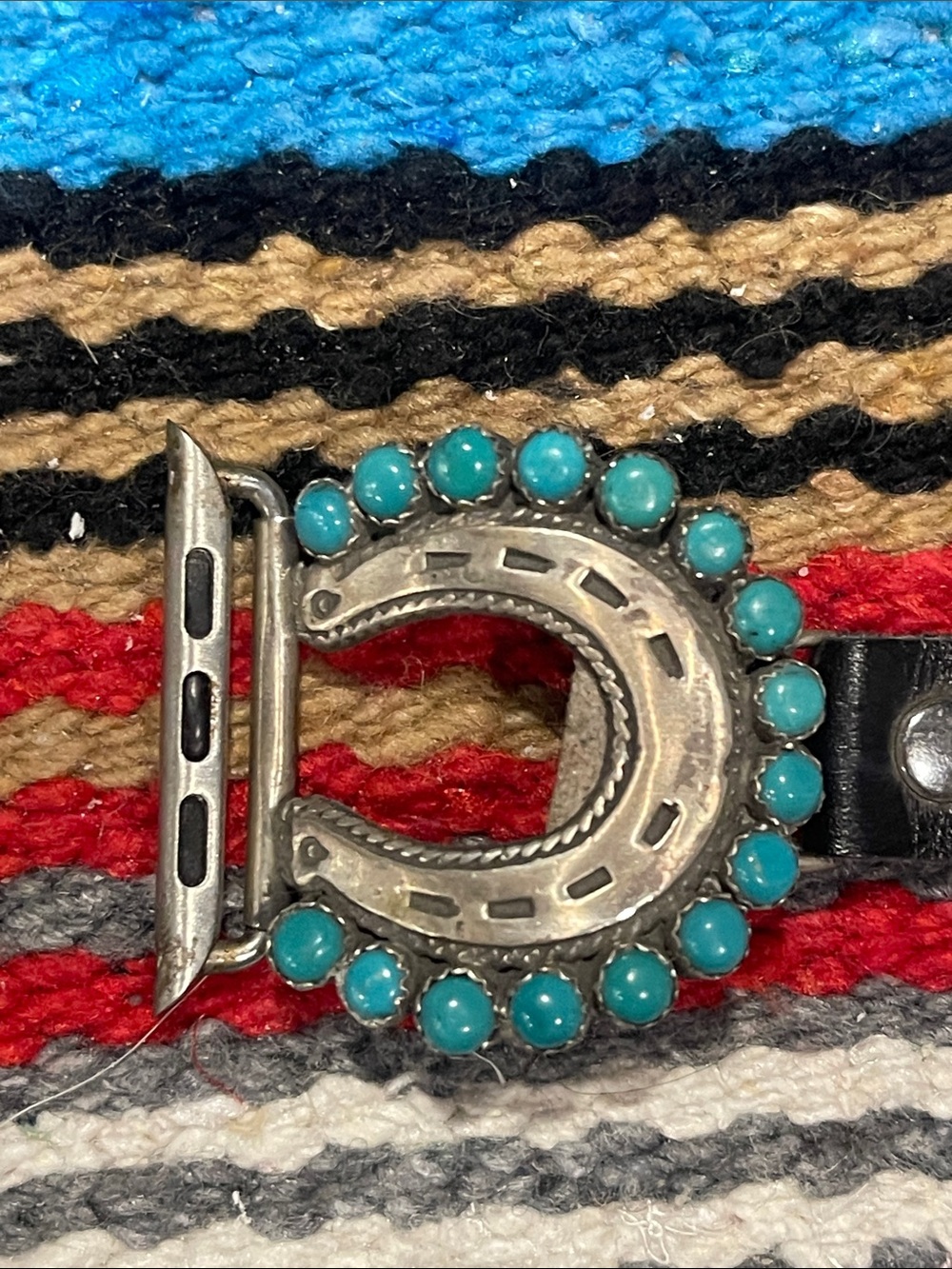 Black Leather Watch Band with Turquoise Bead & Horseshoe Accents - Picture 3 of 9